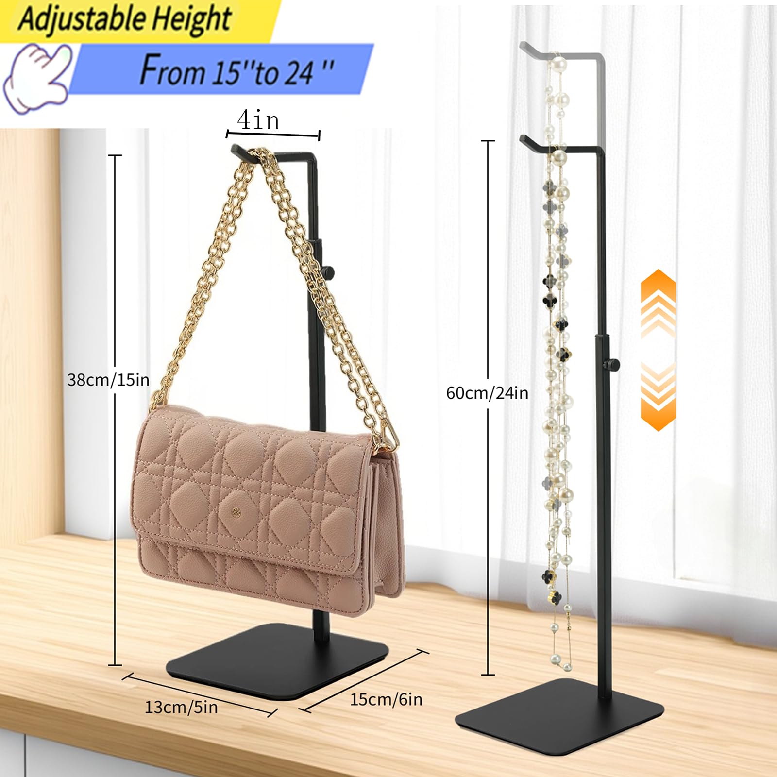 KMtilsh purse display stand two-pack side view highlights adjustable angles