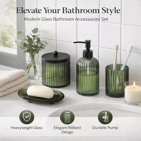 KMwares olive green glass cotton jar for storing swabs and pads.