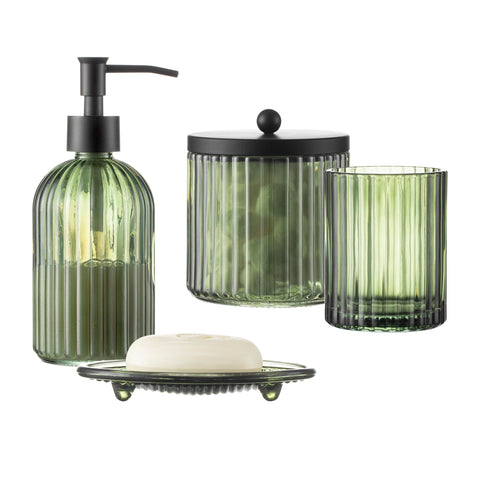 KMwares olive green glass dispenser for liquid soap or lotion.