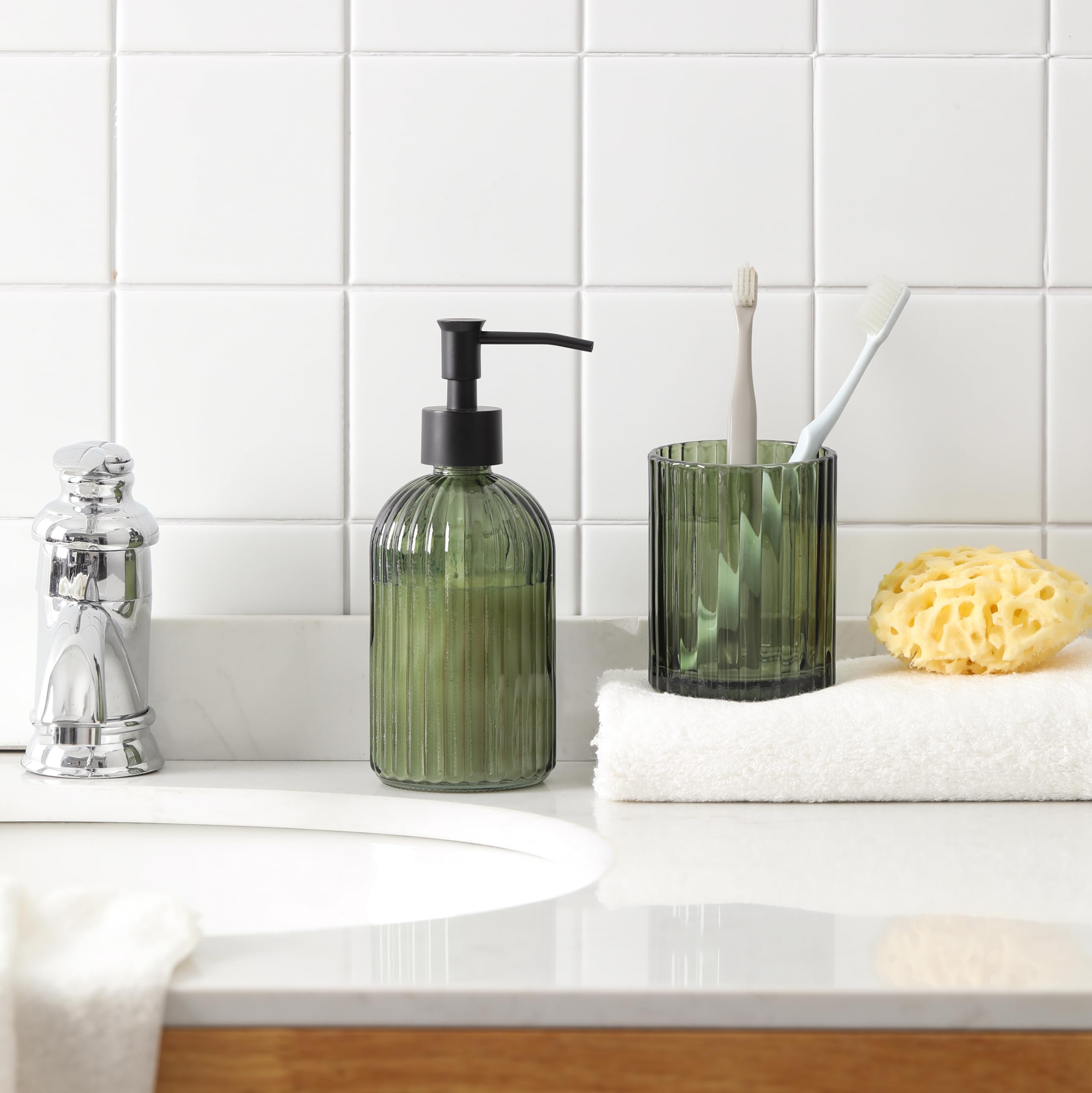 KMwares olive green glass soap holder tray keeps soap dry.