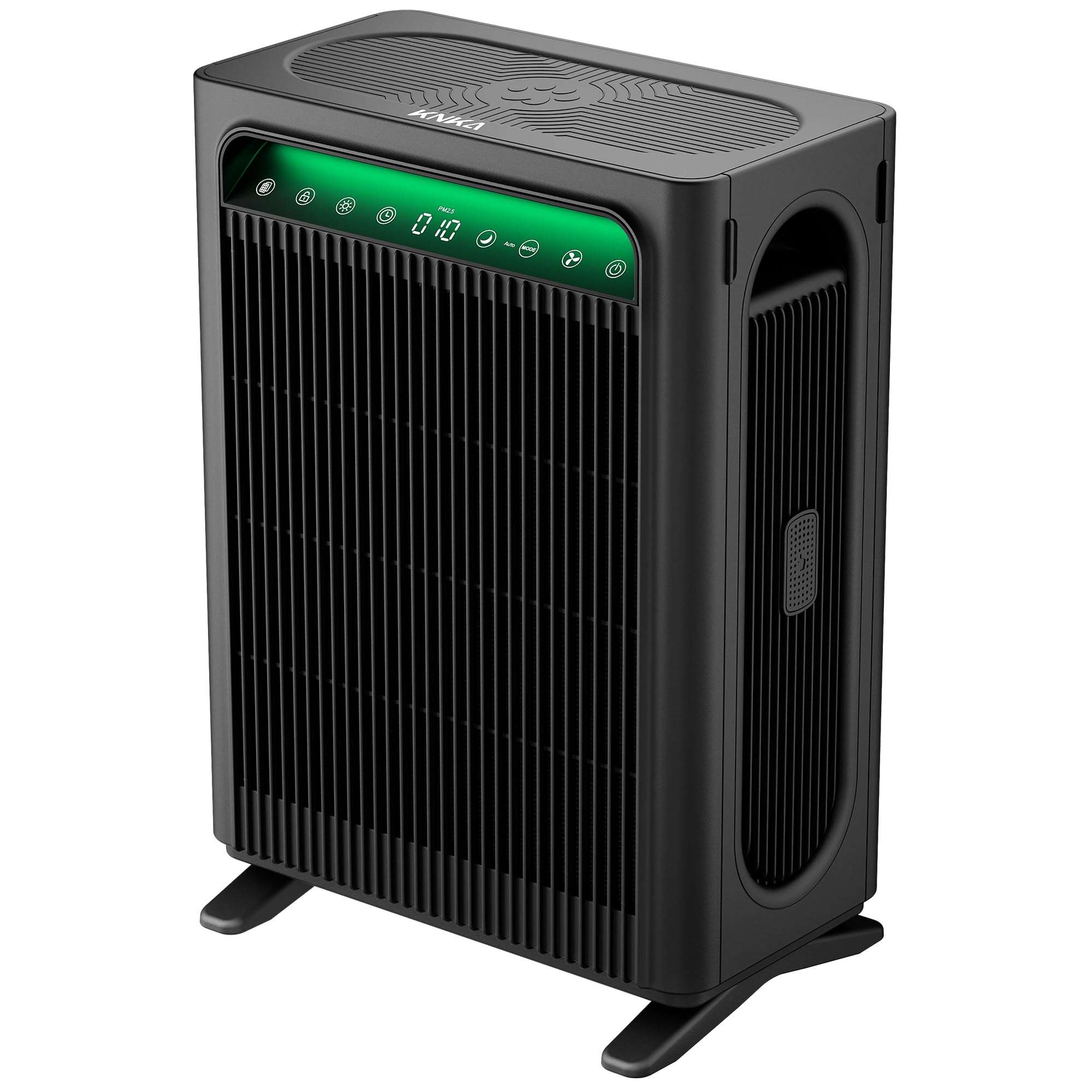 KNKA air purifier front view showing compact form and powerful CADR performance for large rooms.