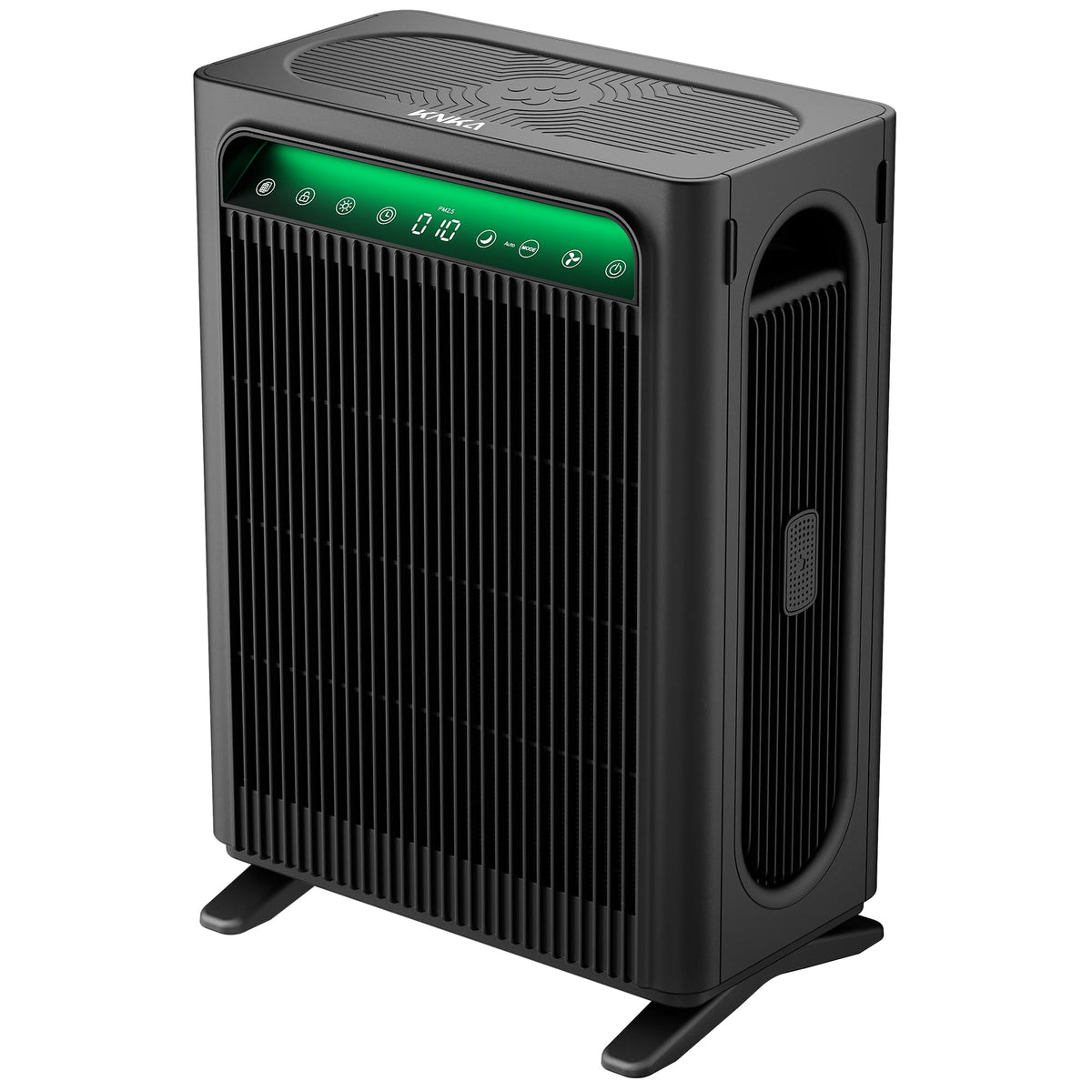 KNKA air purifier front view showing compact form and powerful CADR performance for large rooms.