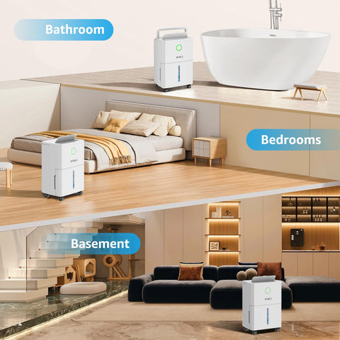 KNKA dehumidifier with 360-degree wheels for portability.