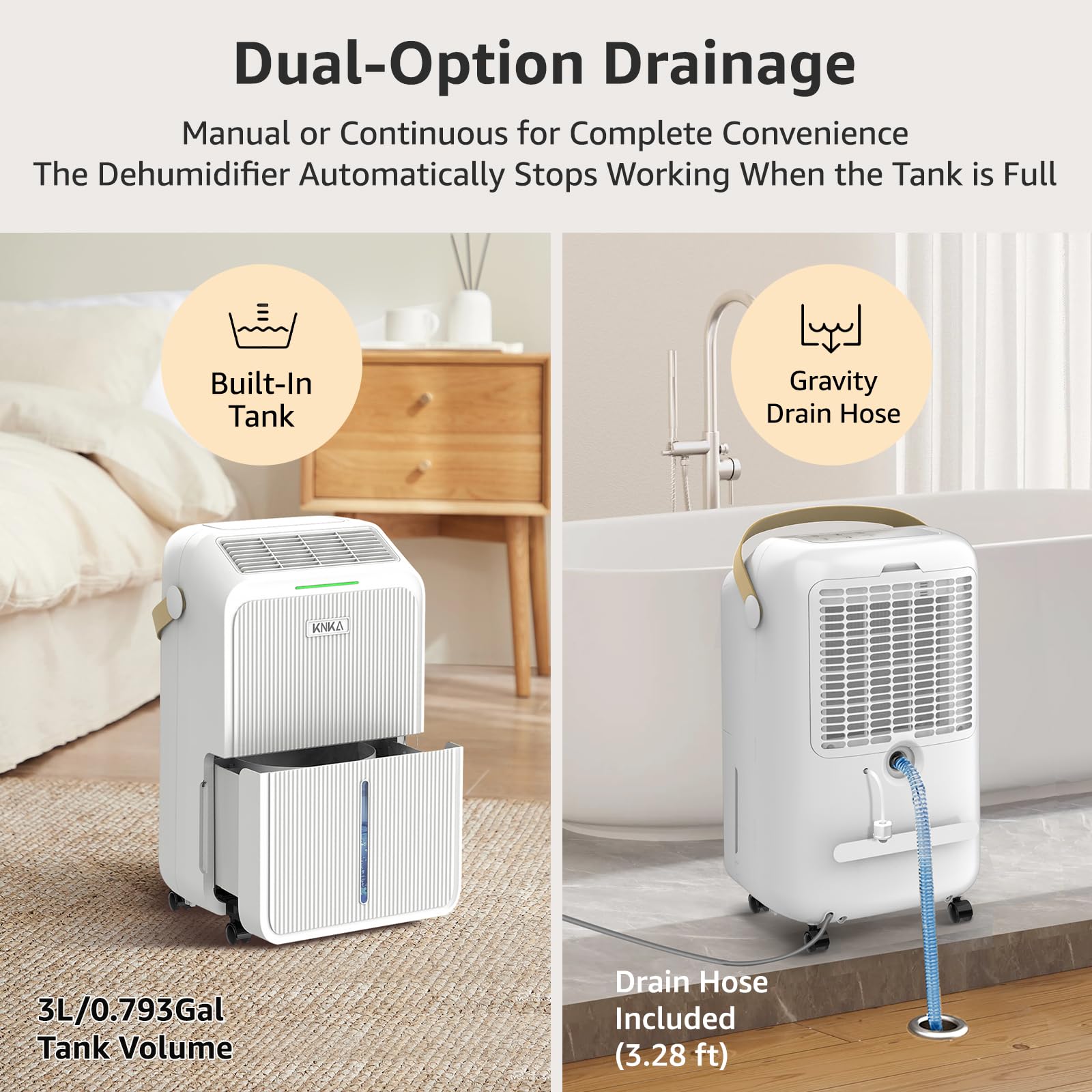 KNKA dehumidifier smart-controls highlighting easy humidity tuning and timer functions