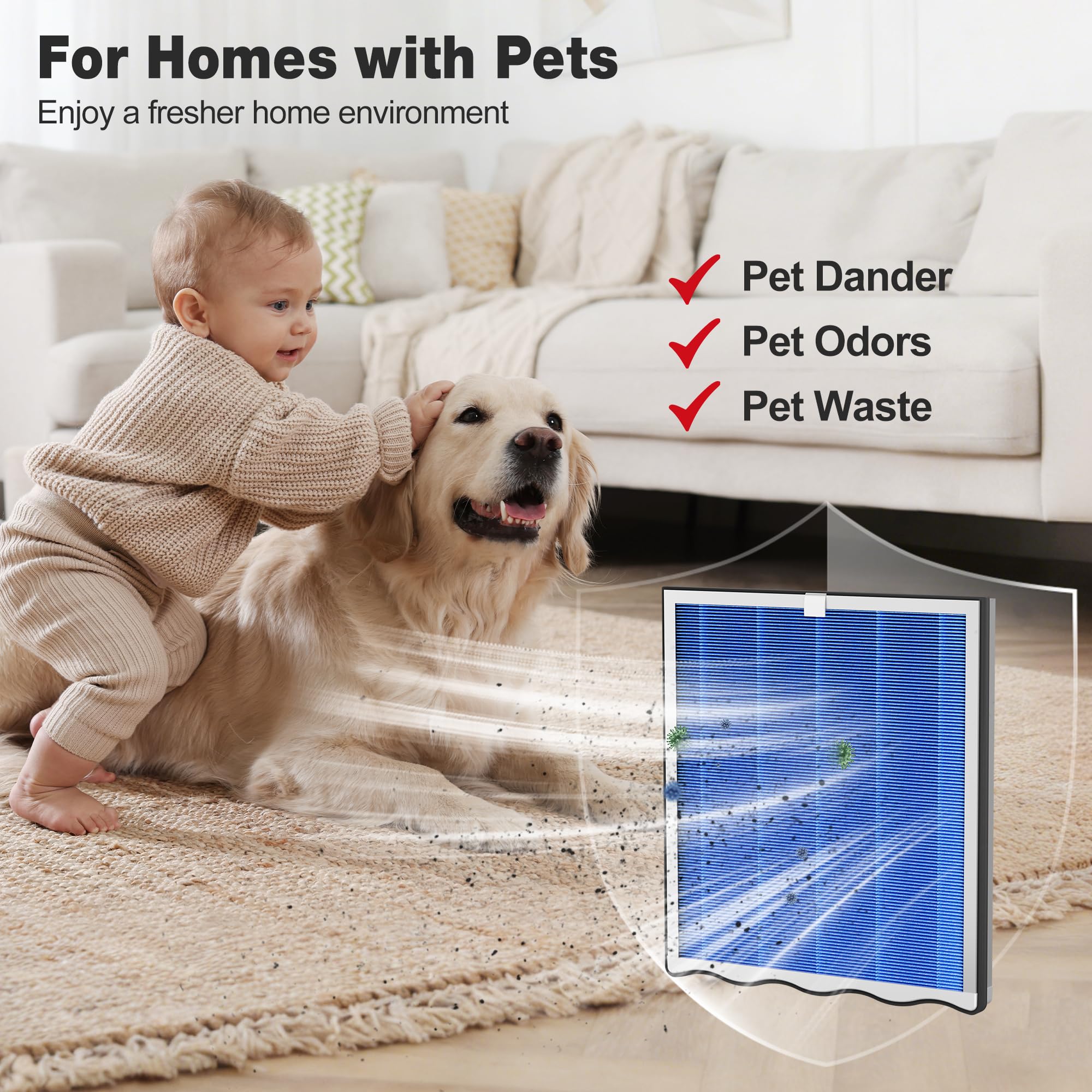 KNKA Pet Care Filter design reduces common pet odors for a fresher home.