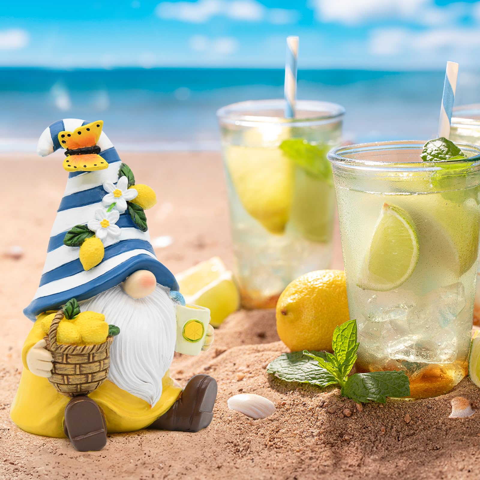 KnomeKo Mediterranean gnome with blue-yellow tones enhances coastal table decor.
