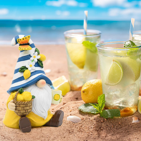 KnomeKo Mediterranean gnome with blue-yellow tones enhances coastal table decor.