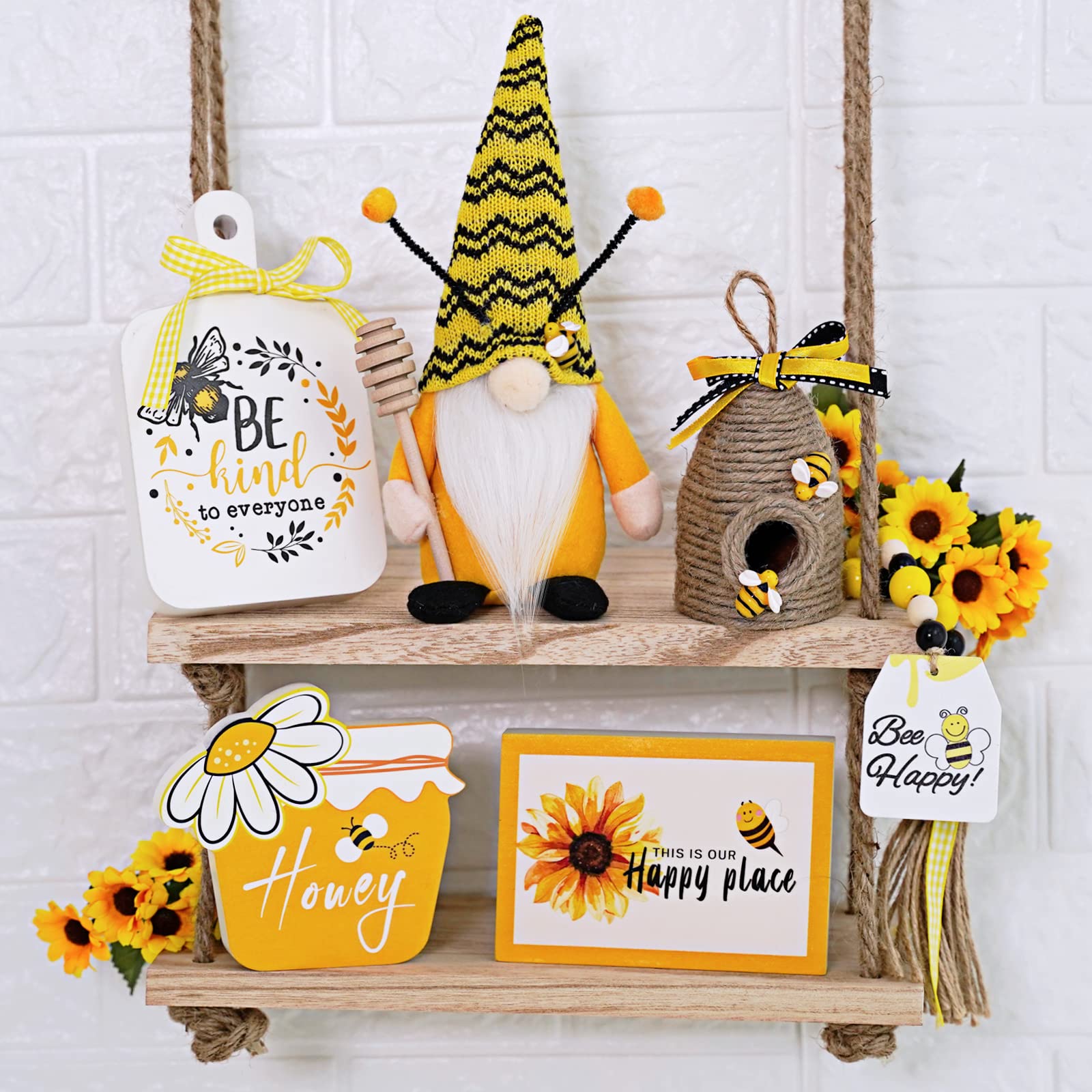 KnomeKo mini bee signs for farmhouse decor accents on shelves
