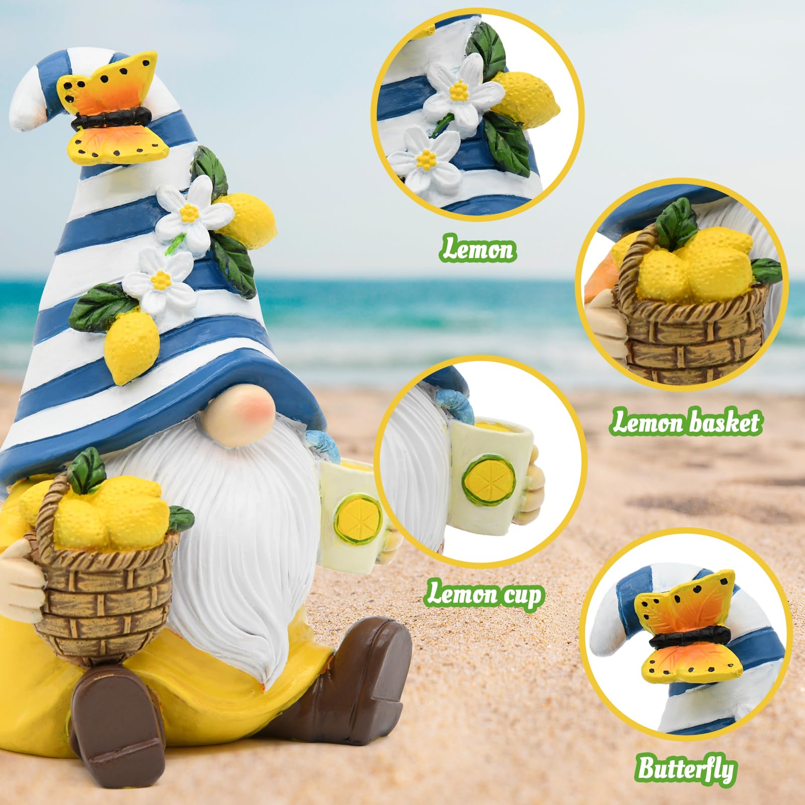 KnomeKo resin lemon gnome holding lemon and lemonade for playful displays.