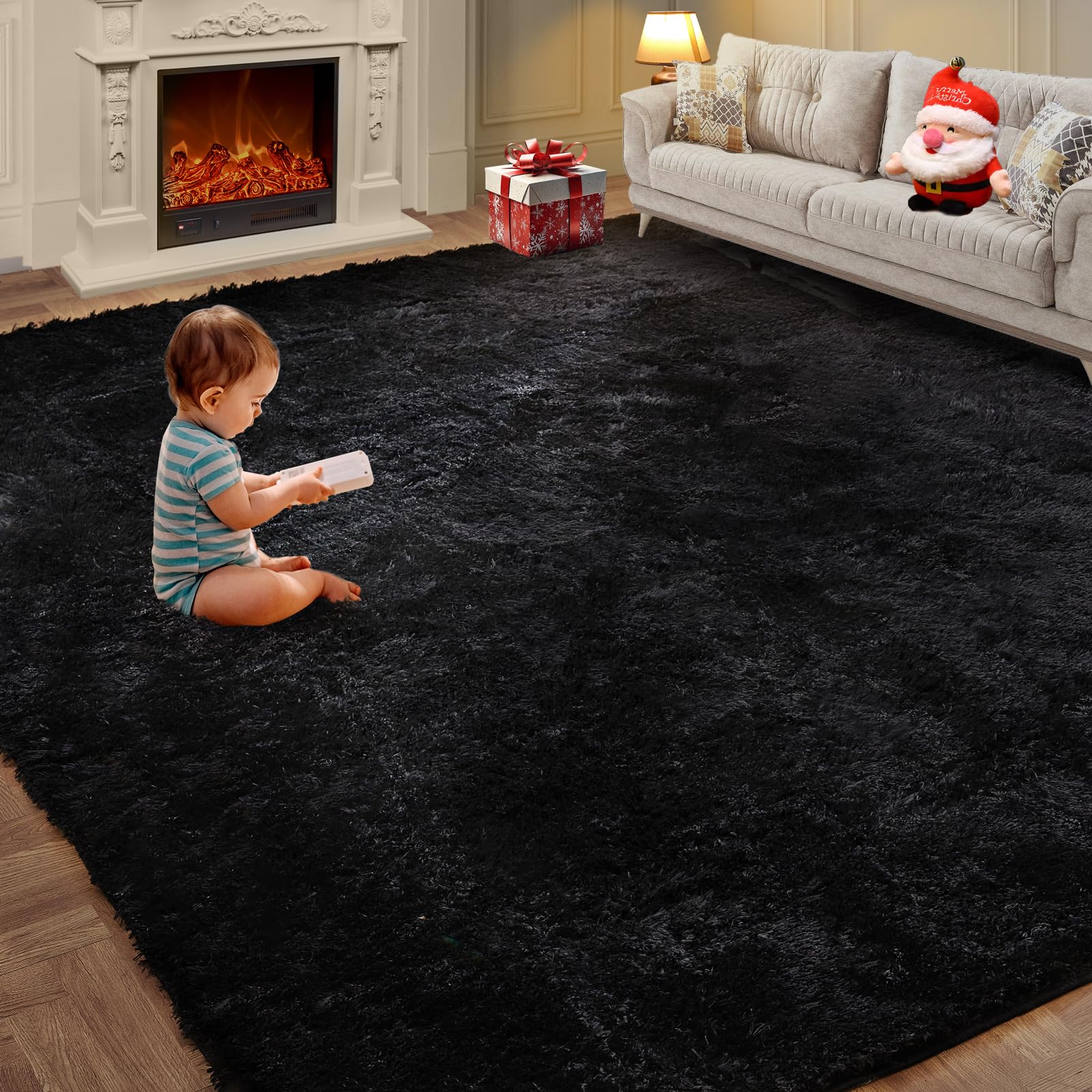 KNZE Super Soft Area Rug 5x7 black with plush pile for barefoot comfort.