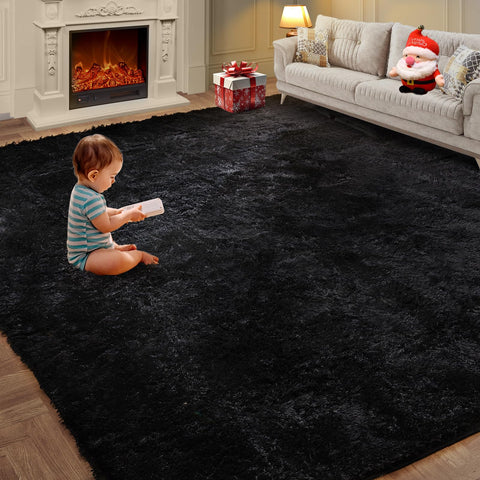 KNZE Super Soft Area Rug 5x7 black with plush pile for barefoot comfort.