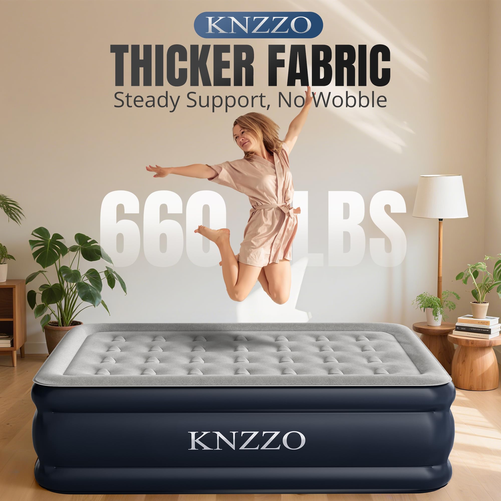 KNZZO full air mattress at 18-inch height supports elevated, comfortable sleeping overnight.