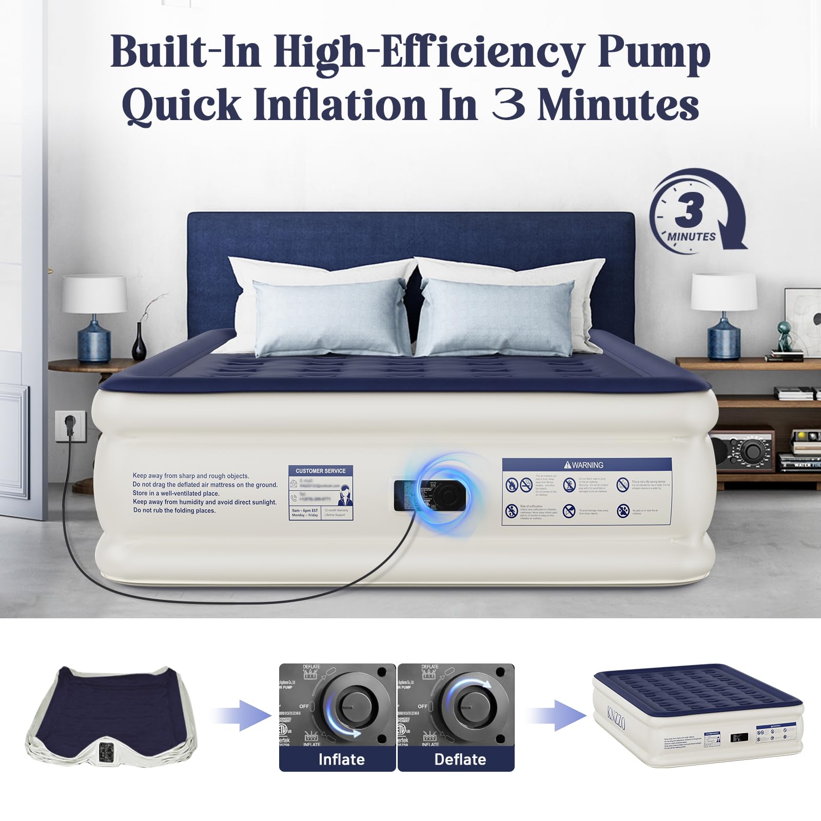 KNZZO air mattress showing 40 independent chambers for stable support.