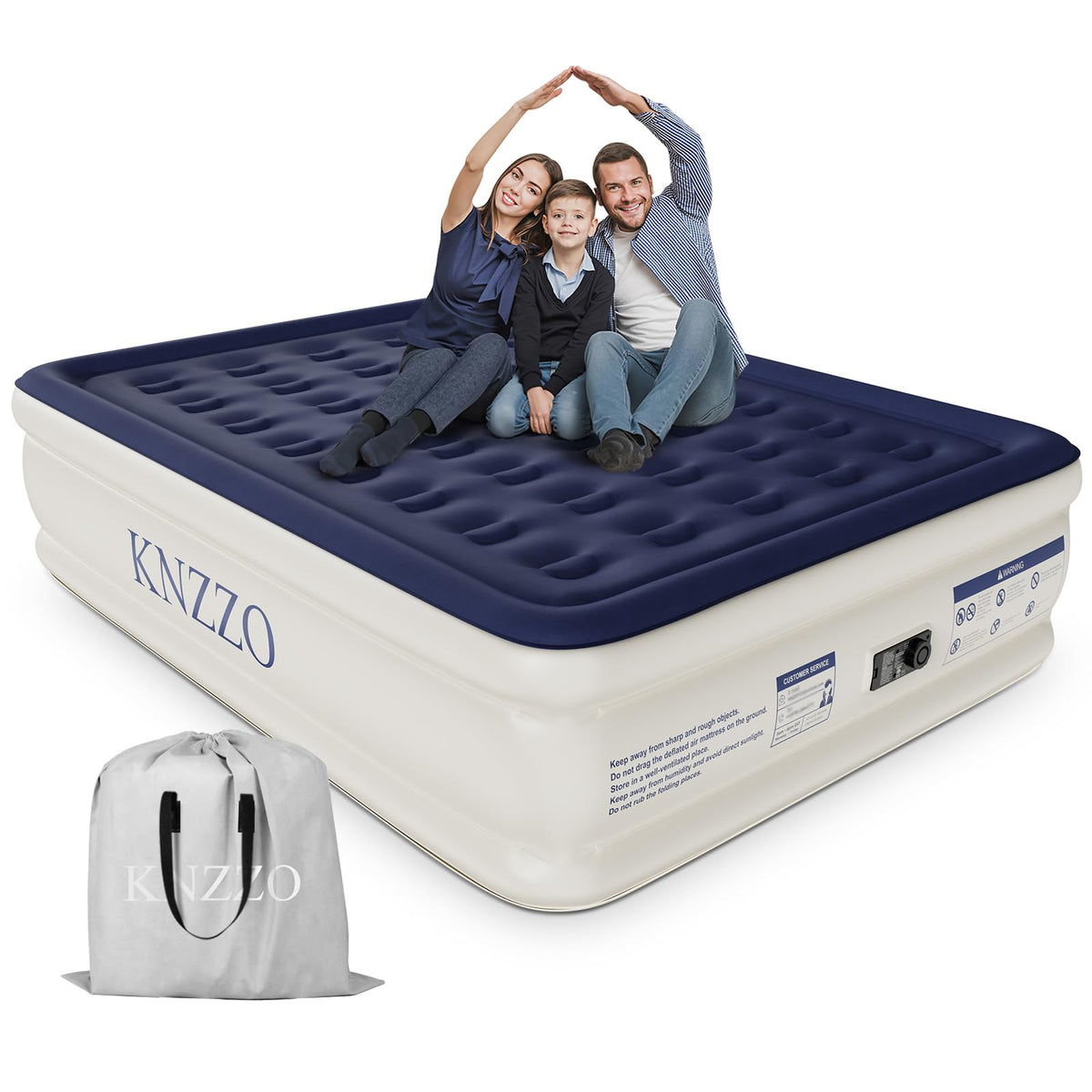 KNZZO queen air mattress with built-in pump ready for quick setup.