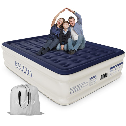 KNZZO queen air mattress with built-in pump ready for quick setup.