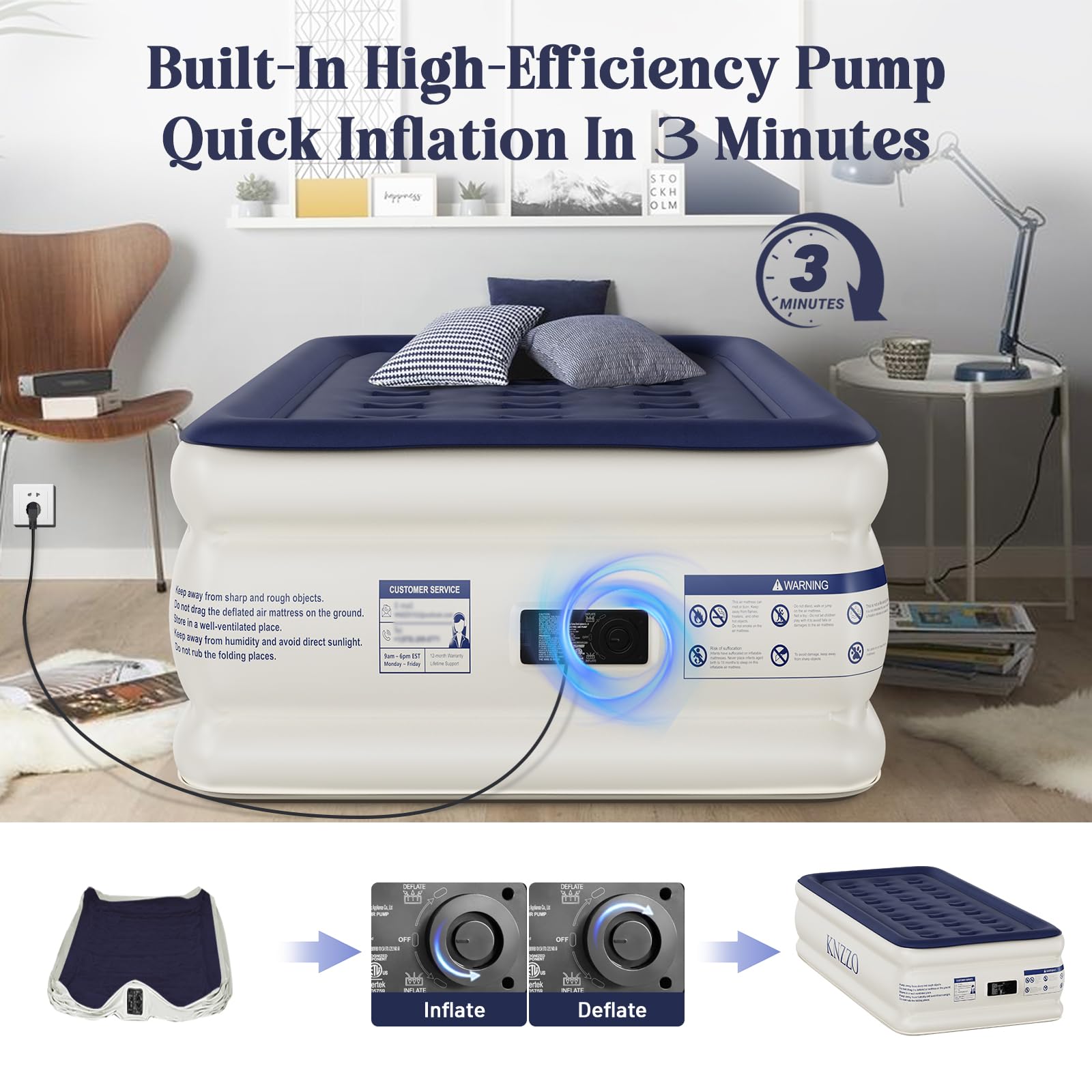 KNZZO twin air mattress features multi-chamber design for stable support.