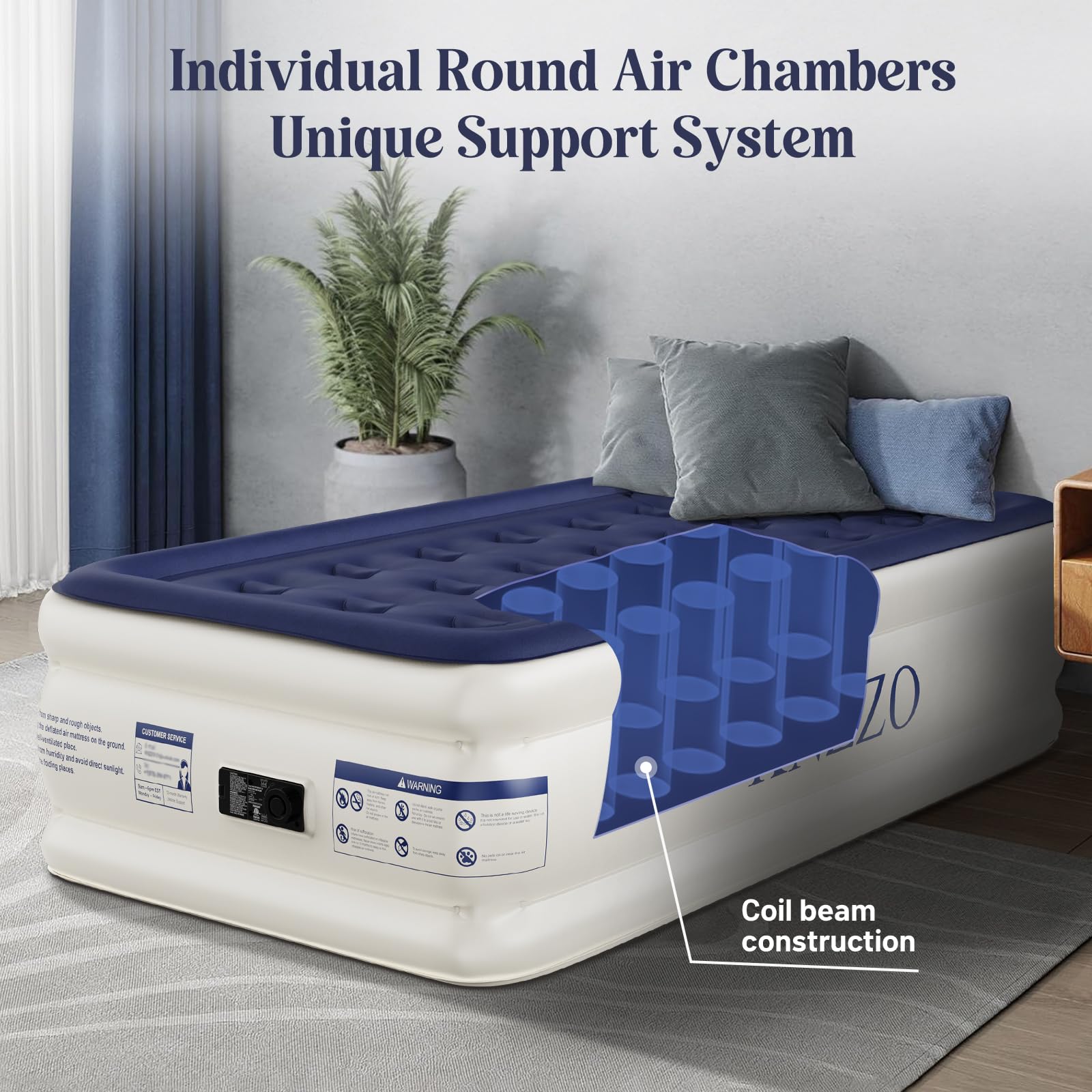 KNZZO twin air mattress with waterproof, puncture-resistant fabric for durable use.