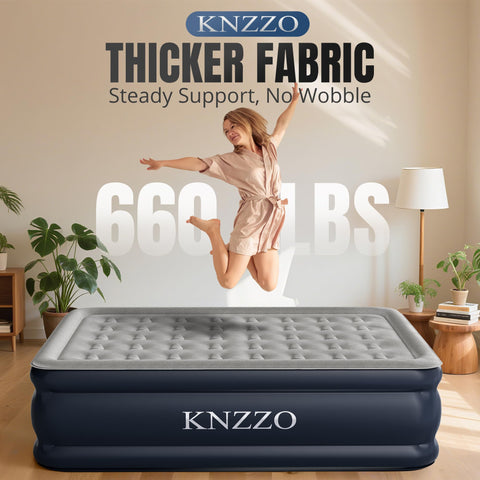 KNZZO queen air mattress 18-inch top height indicates a comfortable sleeping surface.