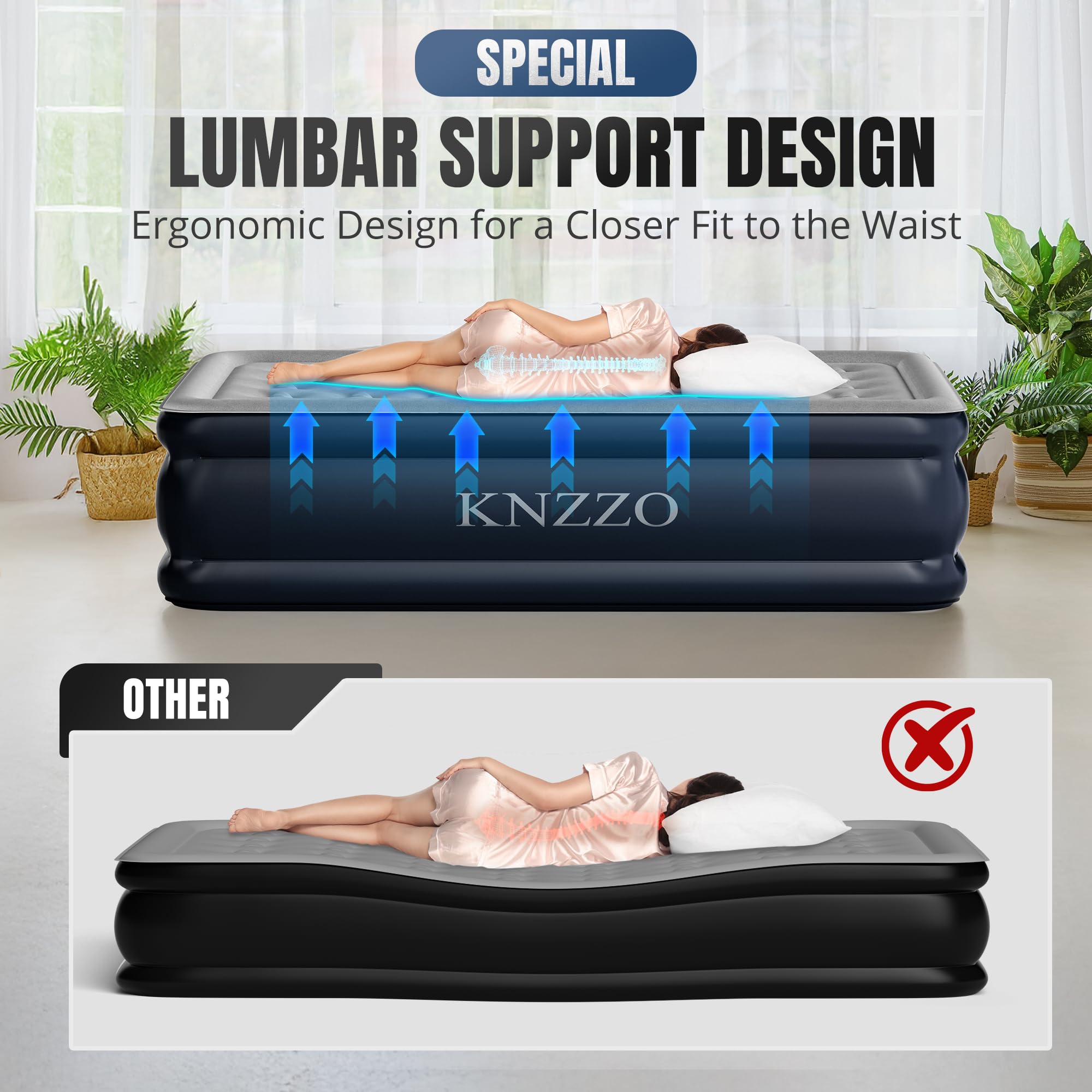 KNZZO queen air mattress deflates quickly for compact storage after use.