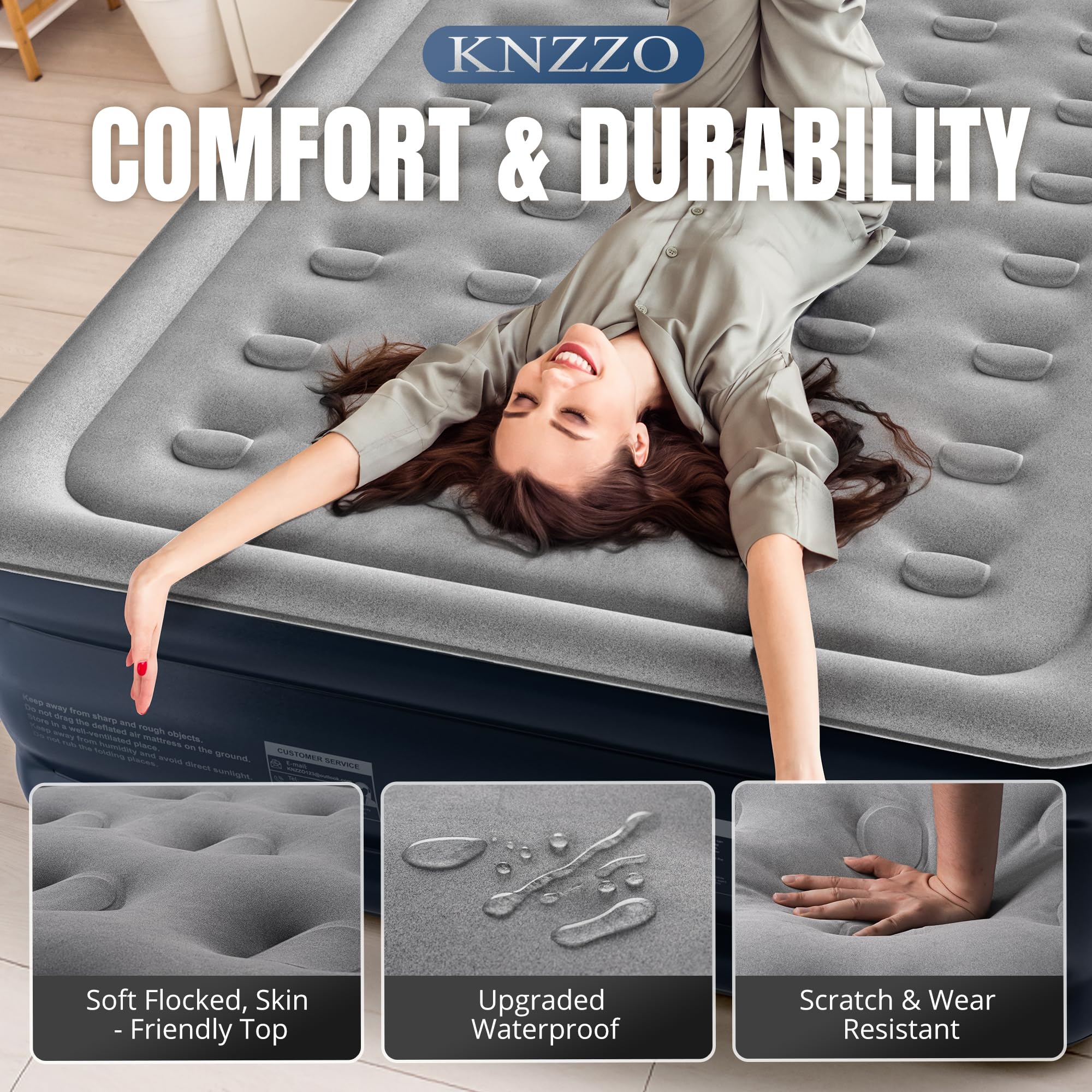KNZZO queen air mattress control panel enables easy firmness adjustments.