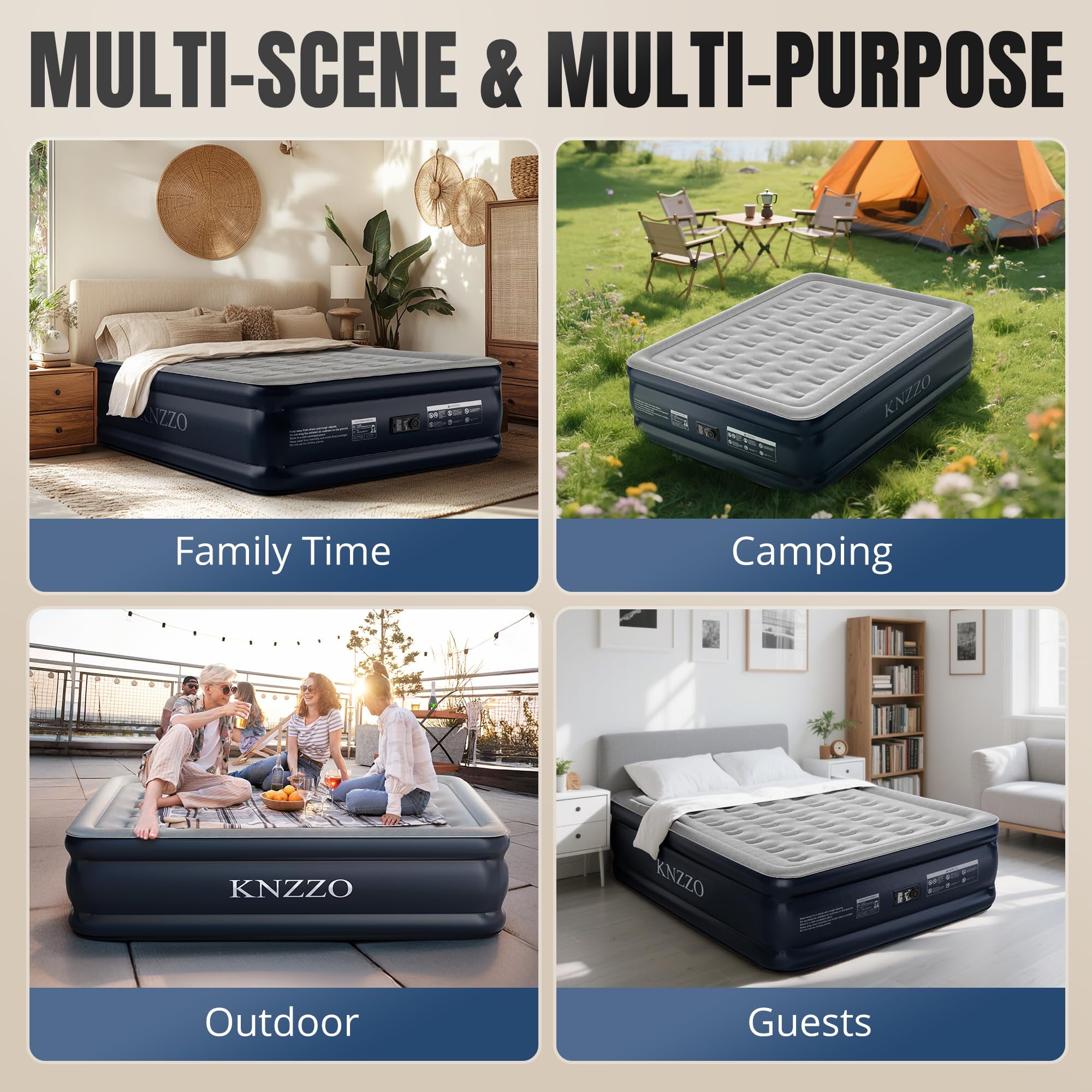 KNZZO queen air mattress three-minute inflation speed helps you set up fast.