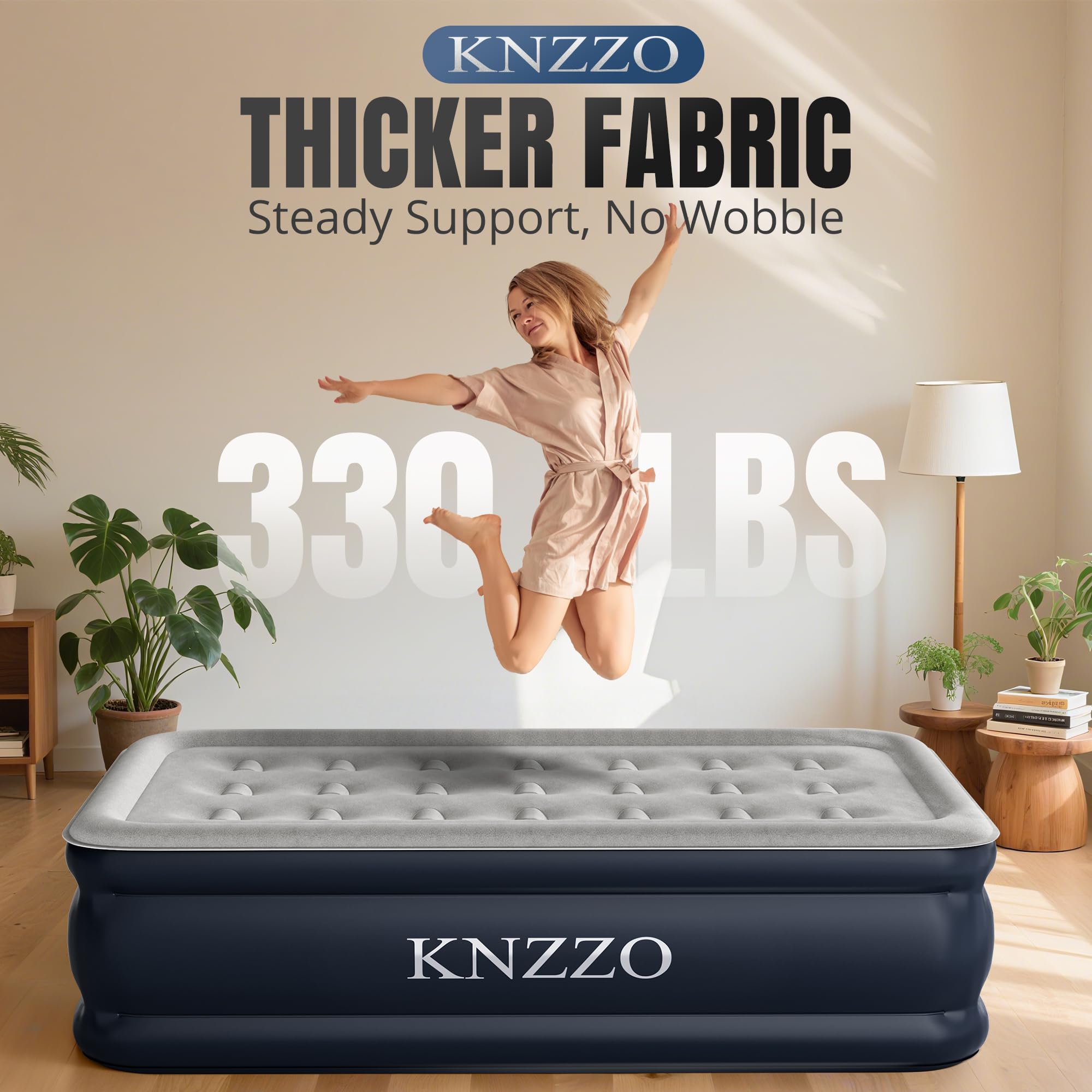 KNZZO twin air mattress shows 18-inch top height for comfortable sleep