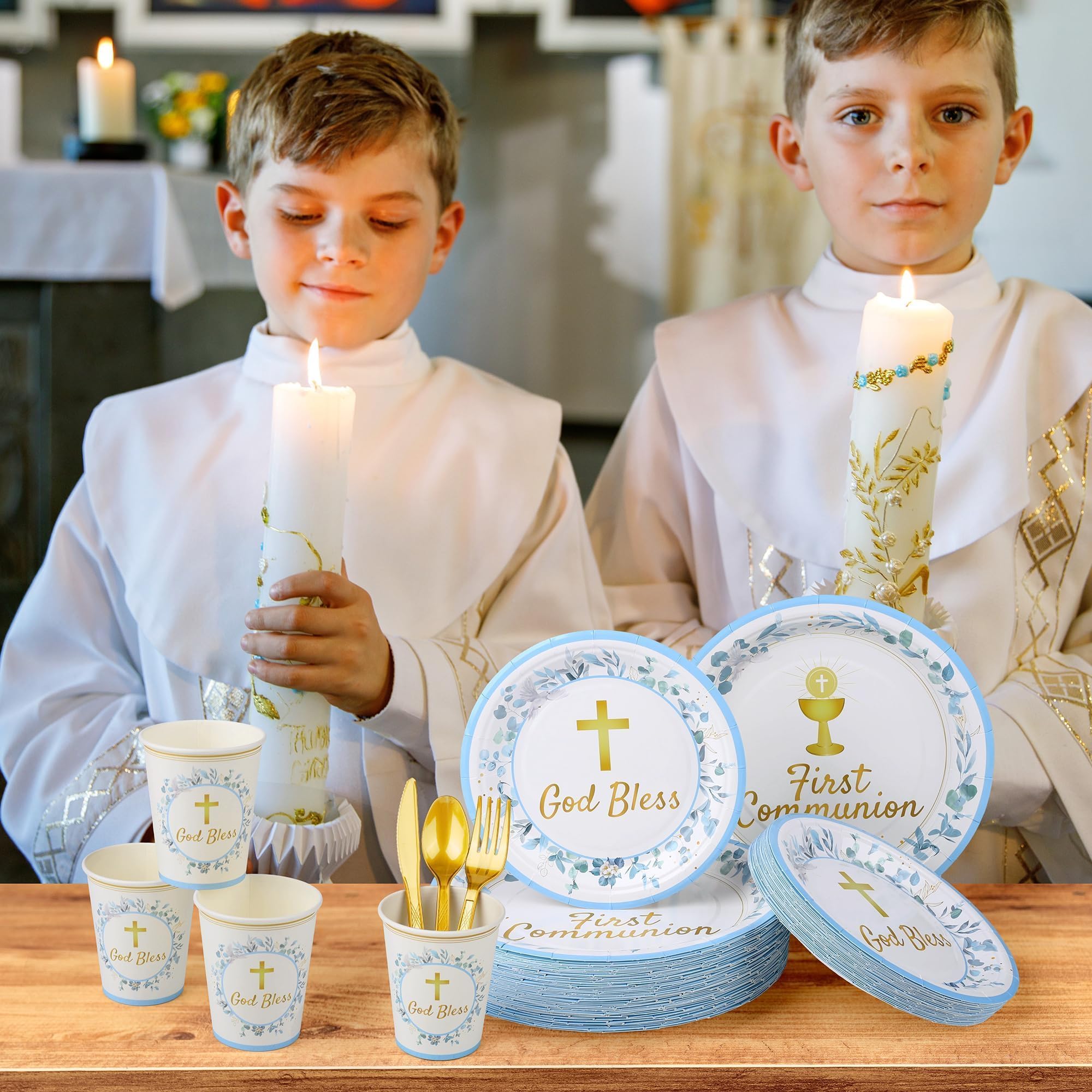 Kochorie blue First Communion bundle showcases a complete, mess-free party setup.