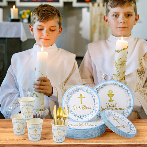 Kochorie blue First Communion bundle showcases a complete, mess-free party setup.