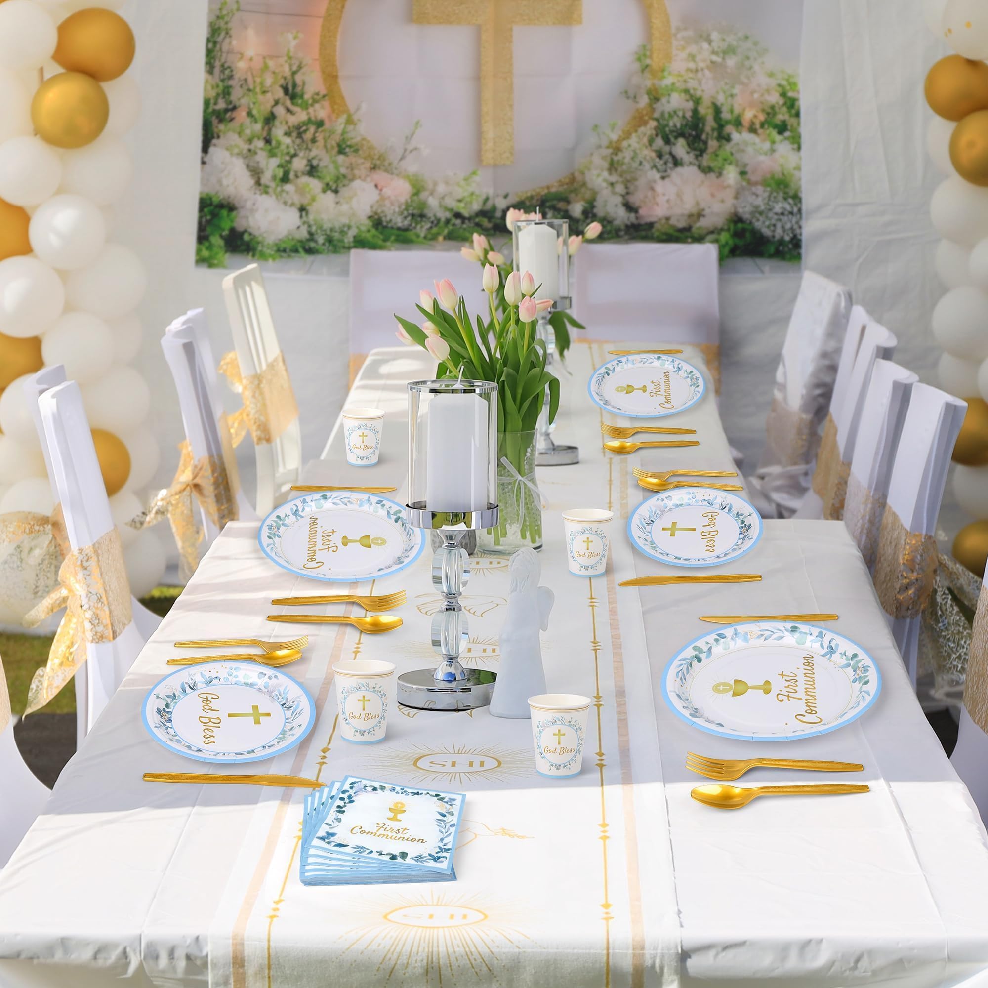 Kochorie blue First Communion tableware design features leaf and cross motifs for a ceremonial look.