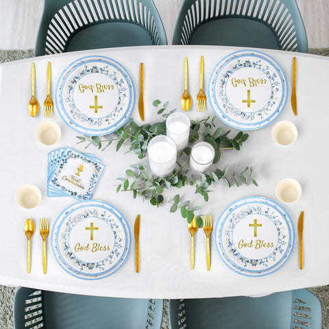 Kochorie blue First Communion utensils offer gold-tone forks, knives, spoons for easy serving.