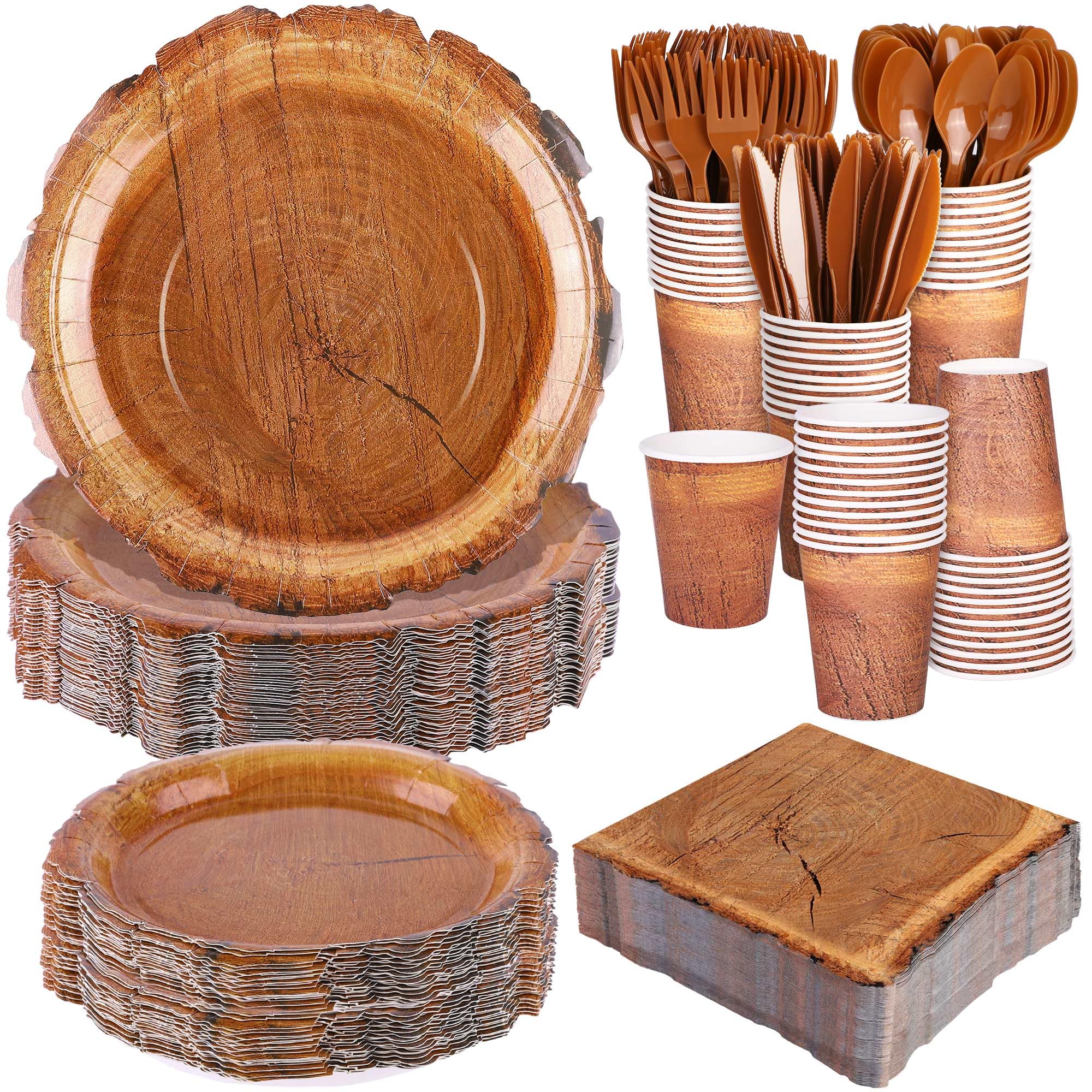 Kochorie wood grain slice plates 9-inch for forest-themed outdoor party plating