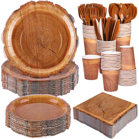 Kochorie wood grain slice plates 9-inch for forest-themed outdoor party plating