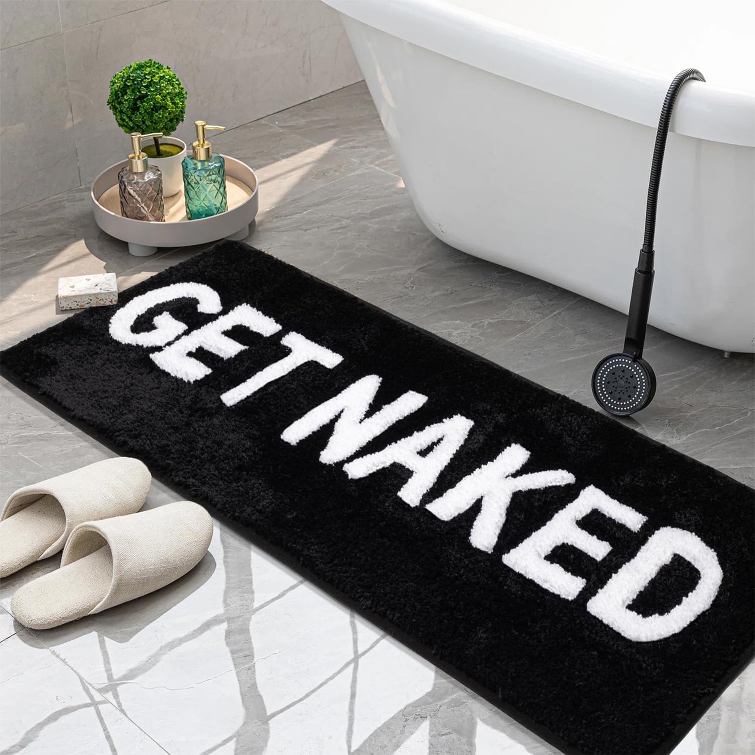 KOEXM Get Naked bath mat full runner 18x47 in black for stylish, comfortable bathroom décor.