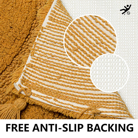 KOEXM half-circle rug absorbs moisture for quick bathroom drying.