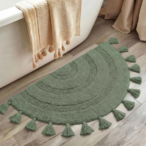 KOEXM half-circle boho rug front view with tassels for warm, cozy bathroom feet.