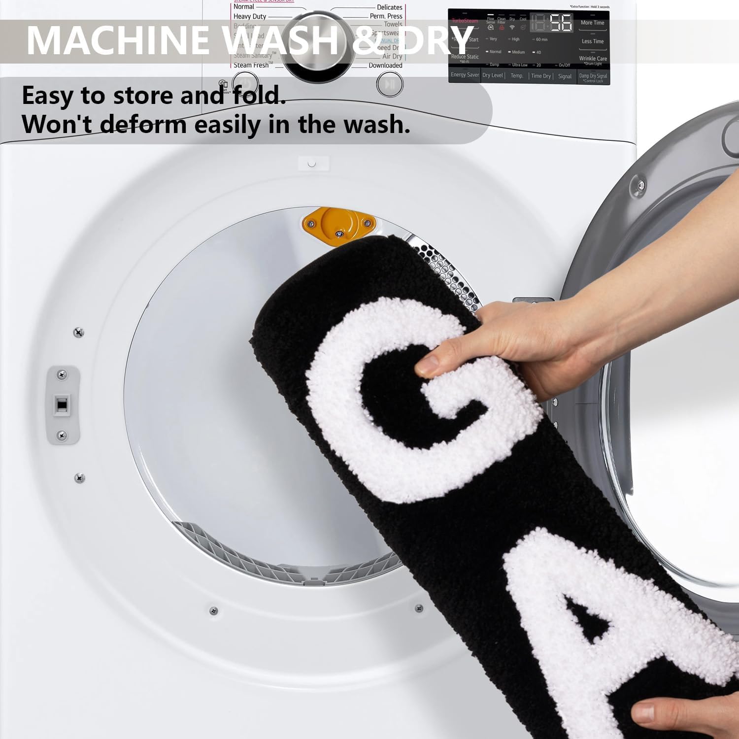 KOEXM machine washable bath rug stays fresh with cold water care.