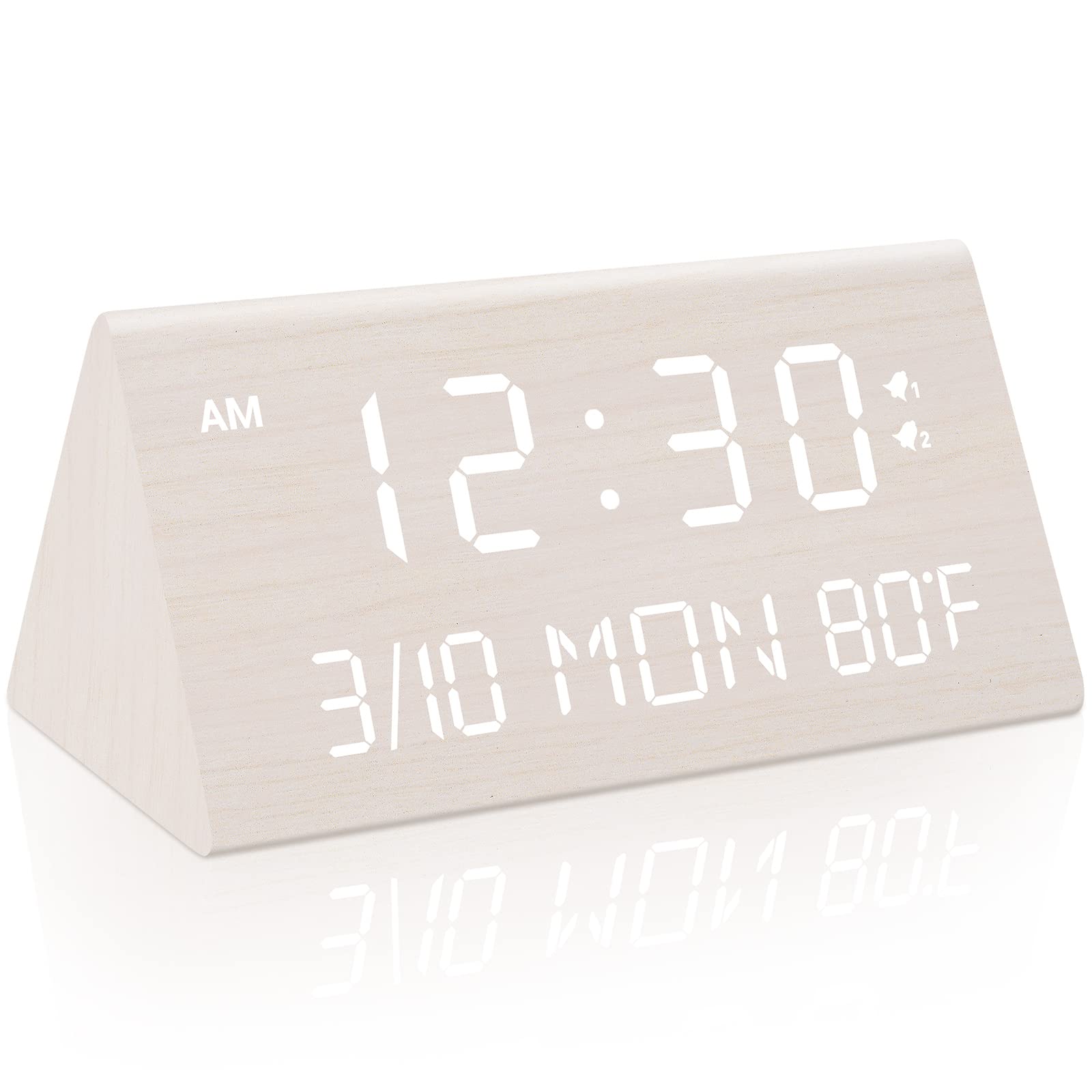 Kogonee wooden alarm clock front view with warm wood grain and clear display.