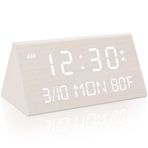 Kogonee wooden alarm clock front view with warm wood grain and clear display.