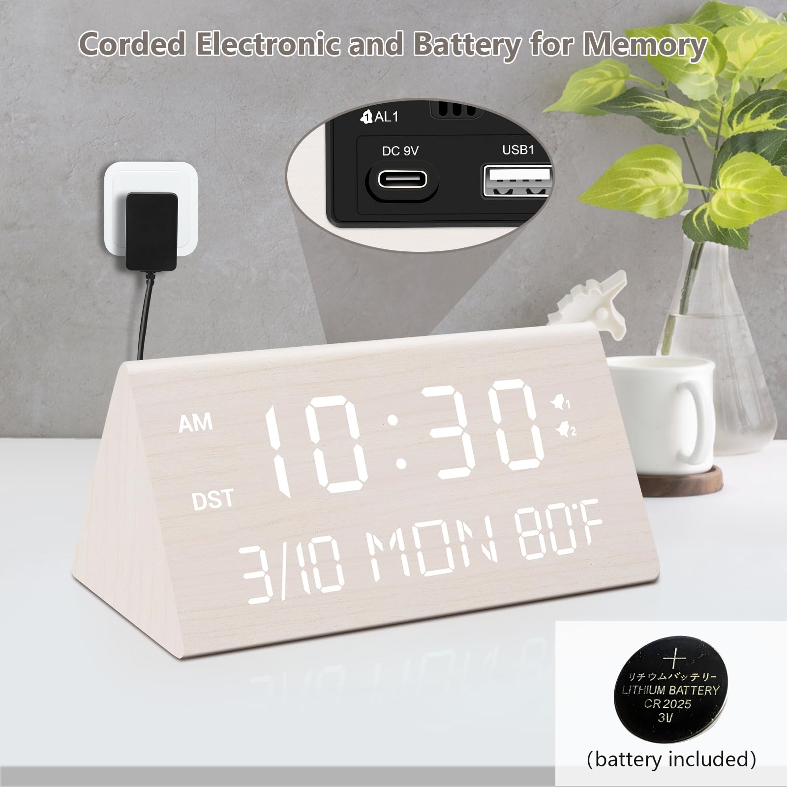 Kogonee alarm clock side view showing slim profile for compact bedside fit.