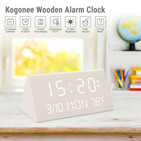 Kogonee clock displaying temperature and date for quick room checks.