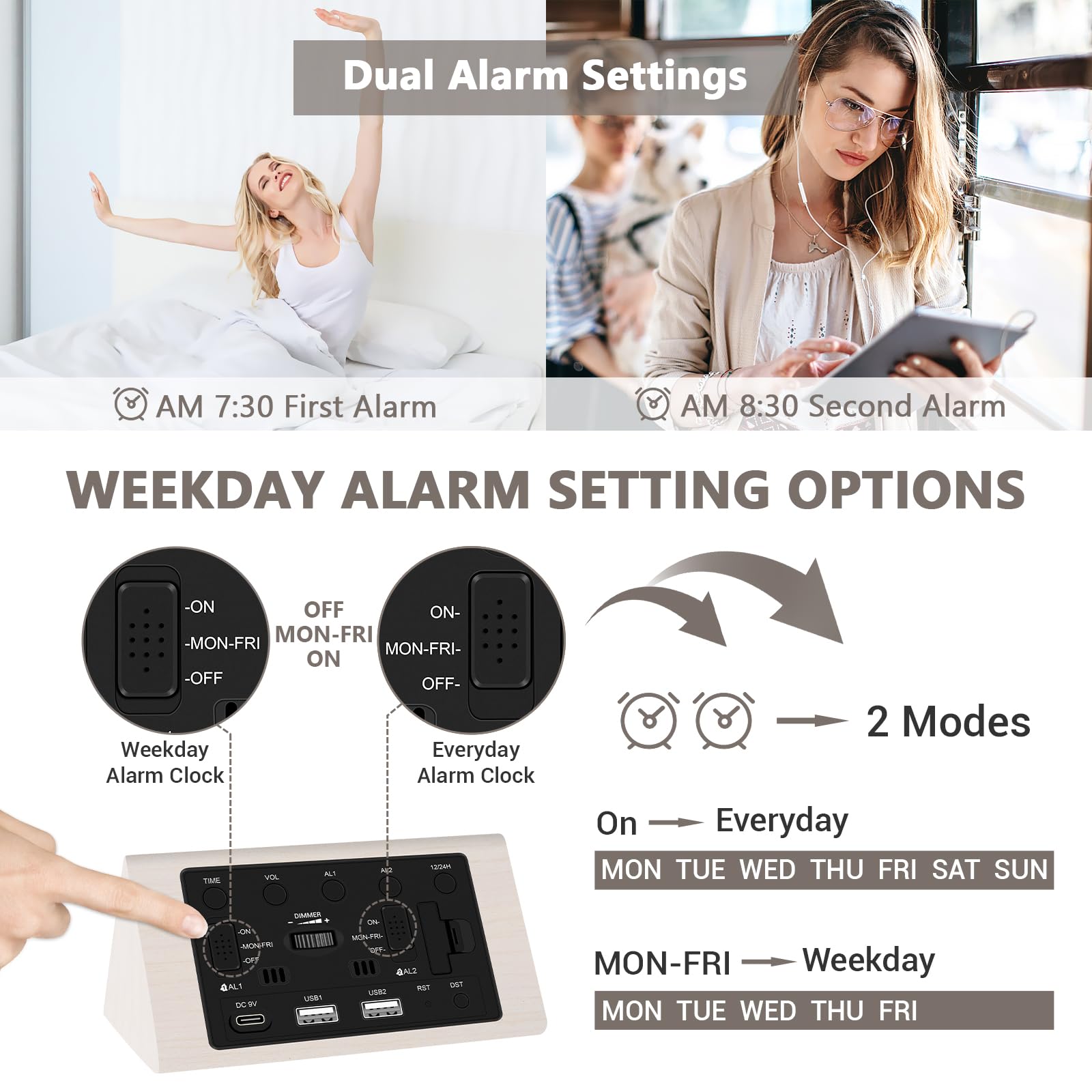 Kogonee alarm clock featuring dual USB ports for convenient charging.