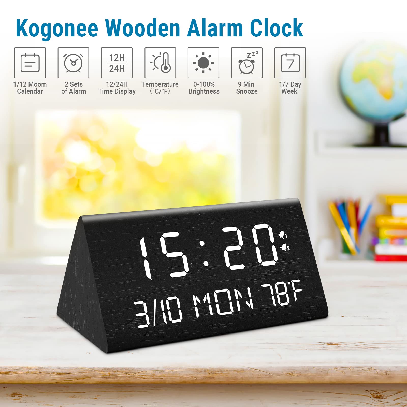 Kogonee wooden clock placed on a bedside table, compact and stylish.