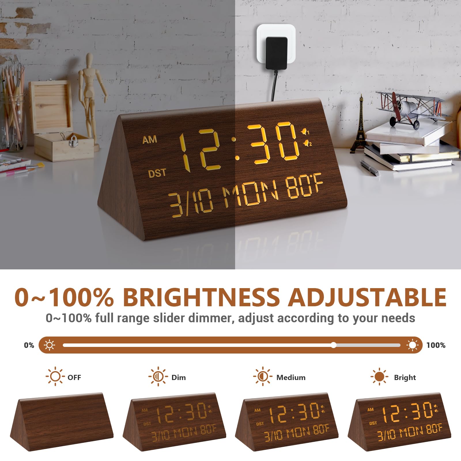 Kogonee dual alarms illustration for weekday and everyday wake settings.