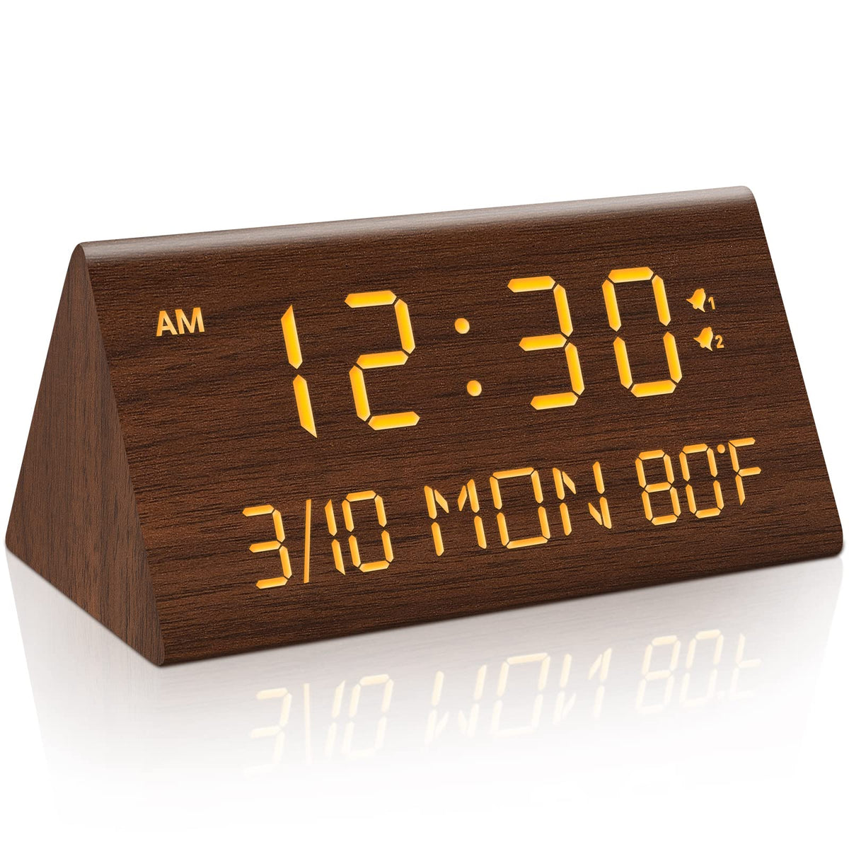 Kogonee wooden digital alarm clock front view with clear display for easy bedside use.