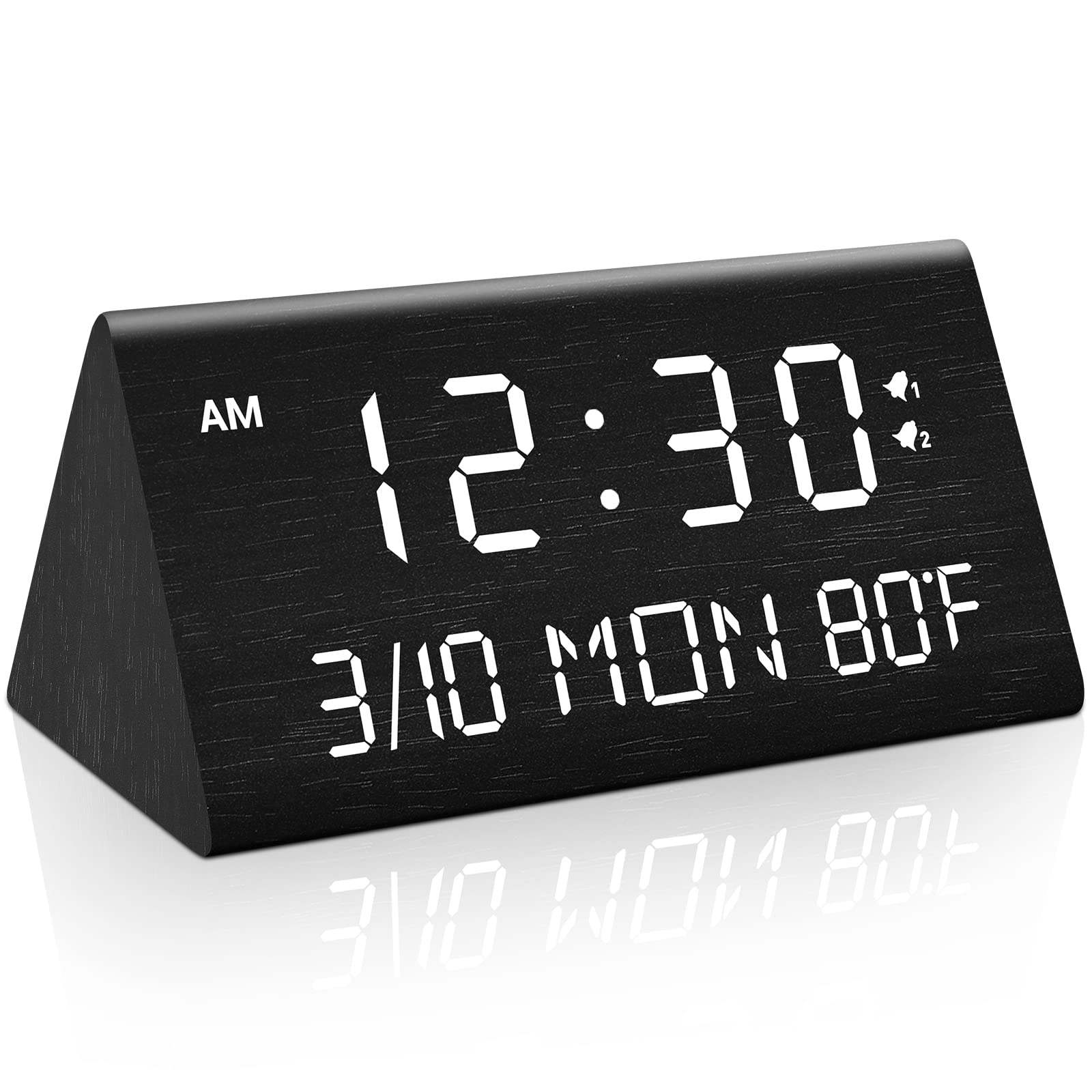 Kogonee wooden digital alarm clock front view for easy bedside reading.