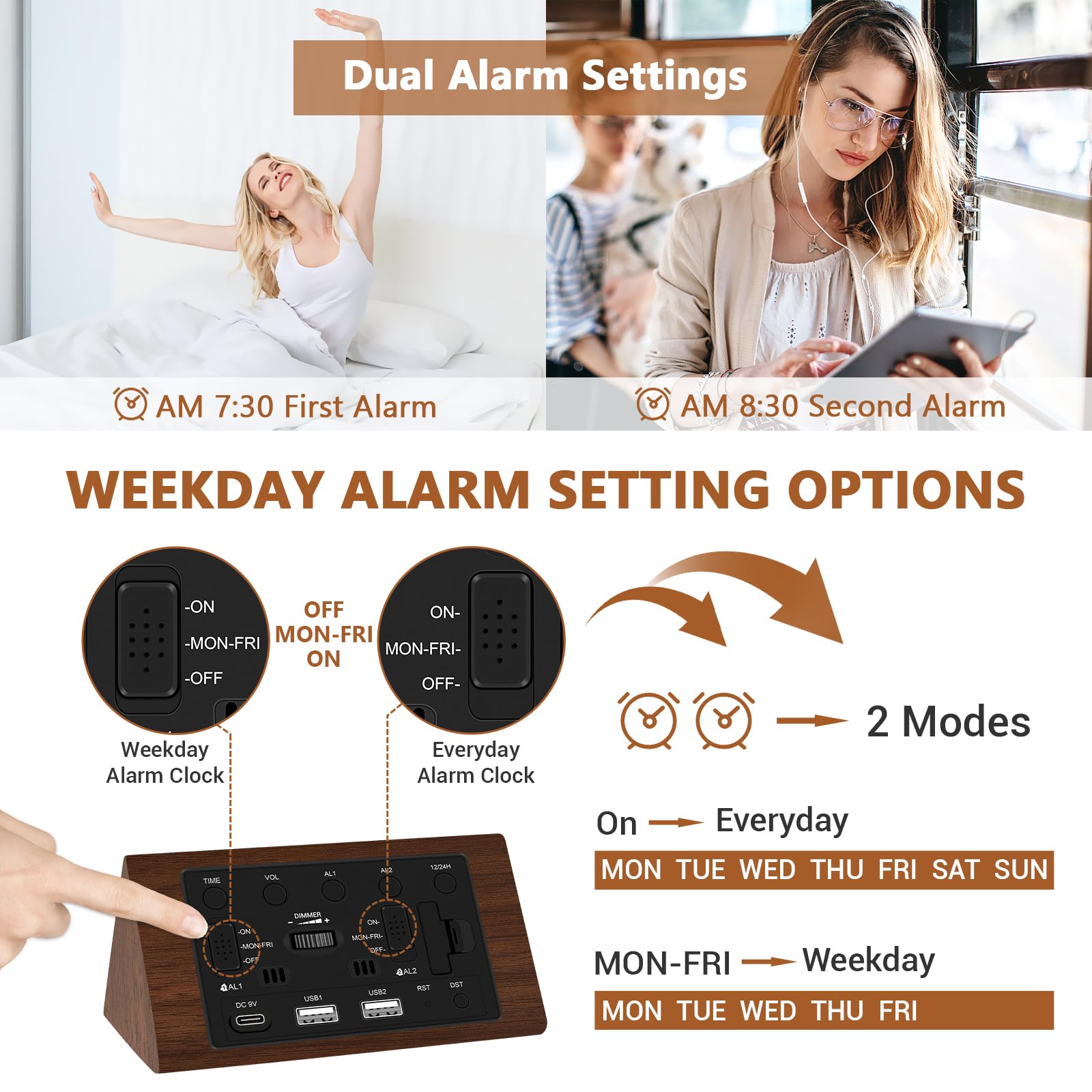 Kogonee alarm clock snooze feature provides extra rest options.