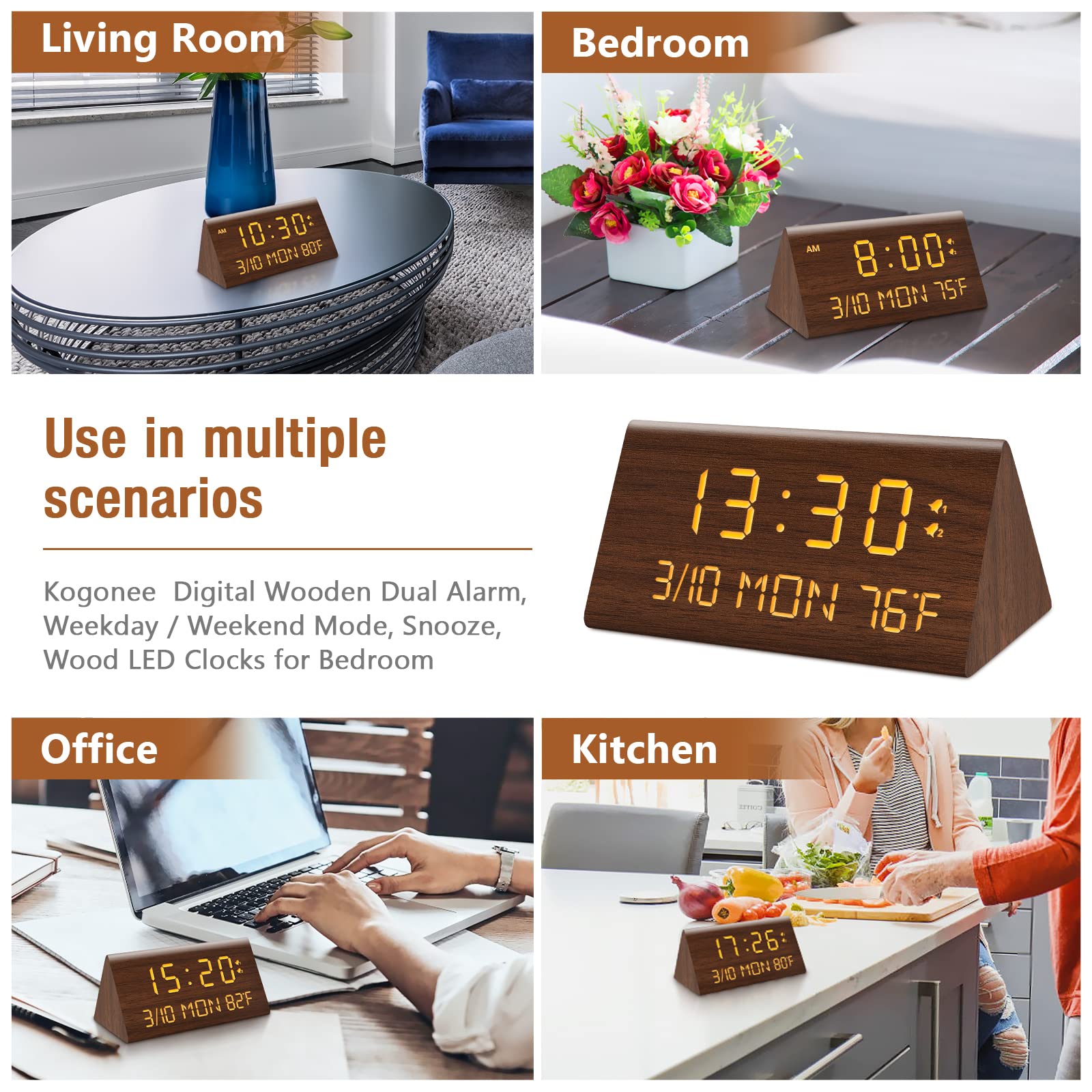 Kogonee clock temperature and date display helps plan your day.