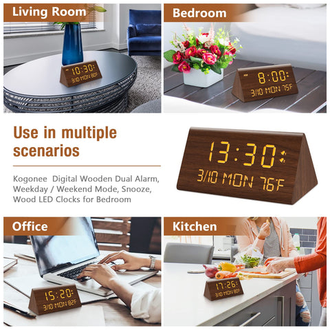 Kogonee clock temperature and date display helps plan your day.