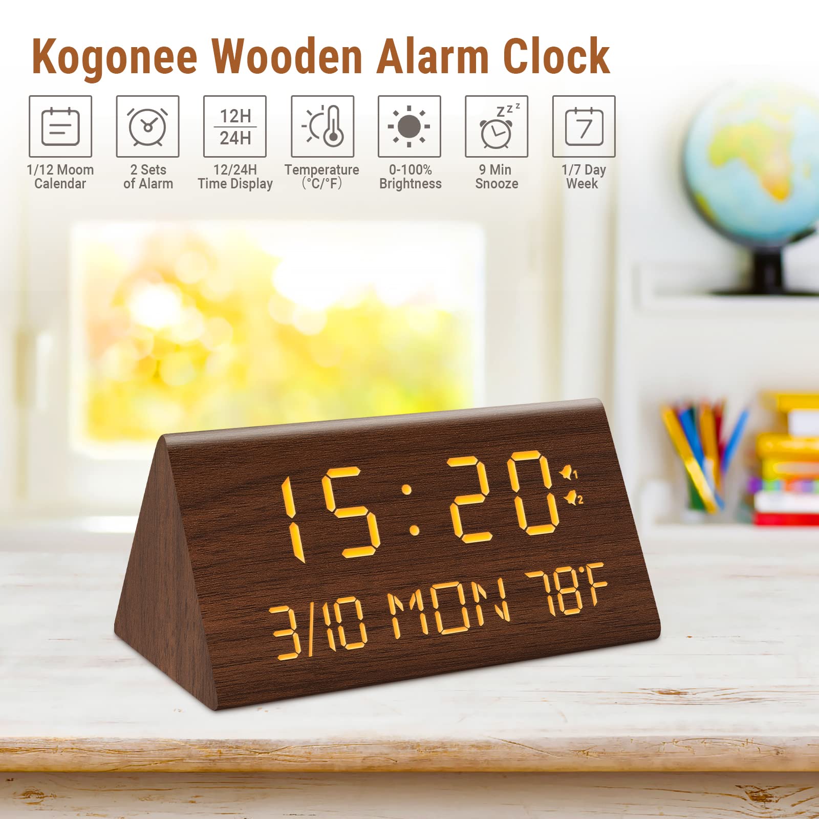 Kogonee clock wood grain design complements modern decor.