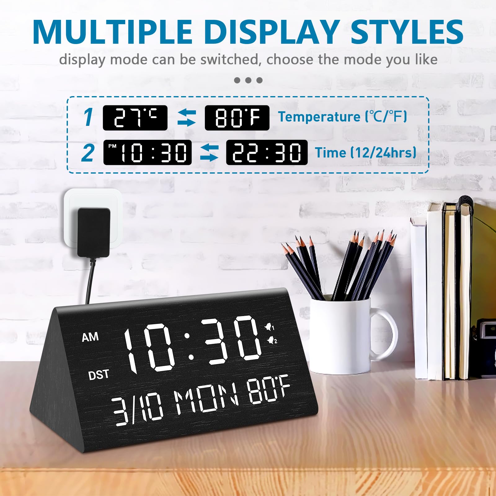 Kogonee wooden alarm clock with natural wood grain design.
